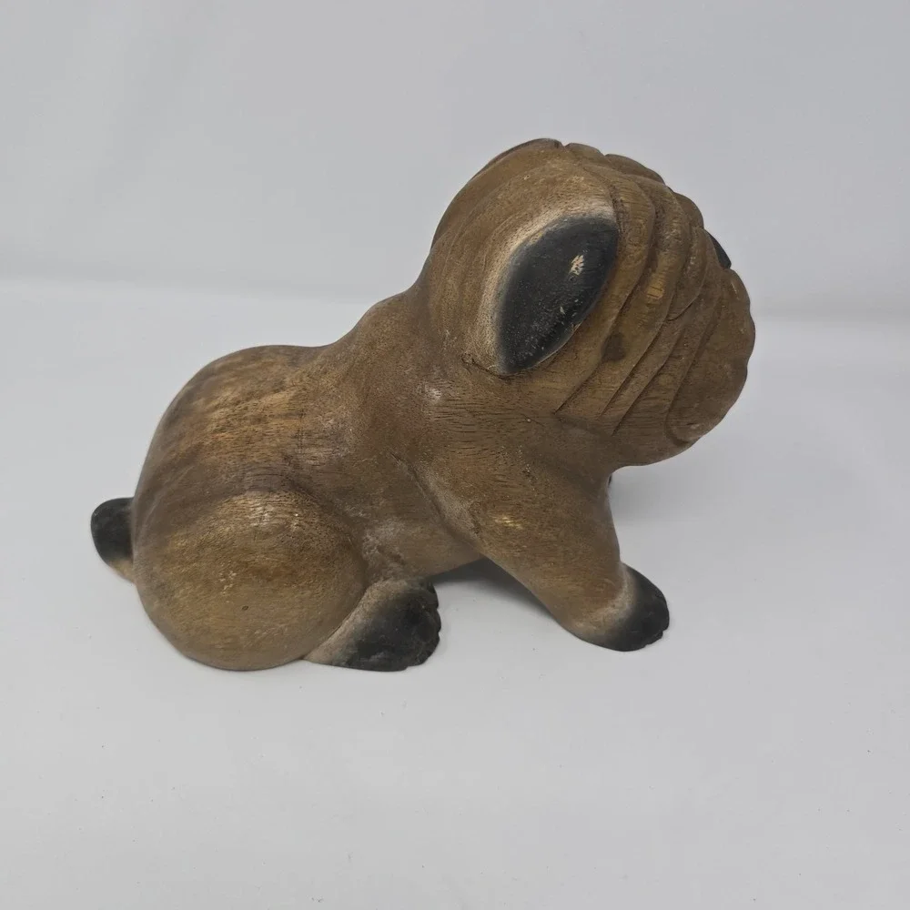Vintage ARTISAN CRAFTED Hand-Carved Wood Bulldog Figure‎ 7 x 10